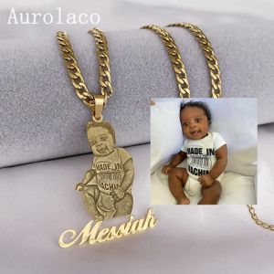 Cool-shoping תכשיטים ושעונים Aurolaco Custom Photo Necklace Custom Picture Nameplate Pendant Necklace for Kids Custom Memory Jewelry for Family Gifts Collar