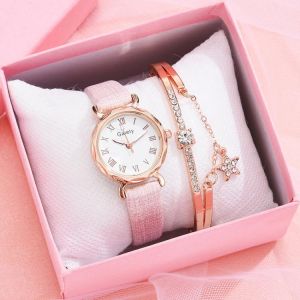Gaiety Brand 2pcs Set Casual Watch For Women Rhinestone Bracelet Watch Leather Ladies Wrist Clock Simple Dress Gfit Montre Femme