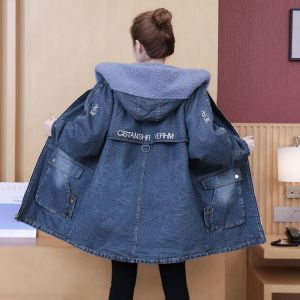 Cool-shoping ממולצים  2021 Winter New Women Lamb wool Thick Denim Jacket Plus Size 5XL Loose Hooded Coat Casual Zipper Jeans Outerwear Warm Parkas