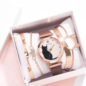 Cool-shoping תכשיטים ושעונים Fashion Watch Set Women 5pcs Quartz Wristwatch Mesh Bracelet Cat Dial Luxury Woman Watch Casual Ladies Clock Relogio Femenino