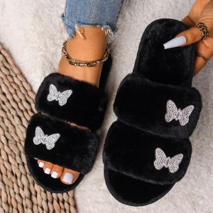 Cool-shoping נעלי בית  Women House Slippers Rhinestone Butterfly Decor Fluffy Slippers Double Strap Open Toe Furry Slides Flat Heel Winter Warm Shoes